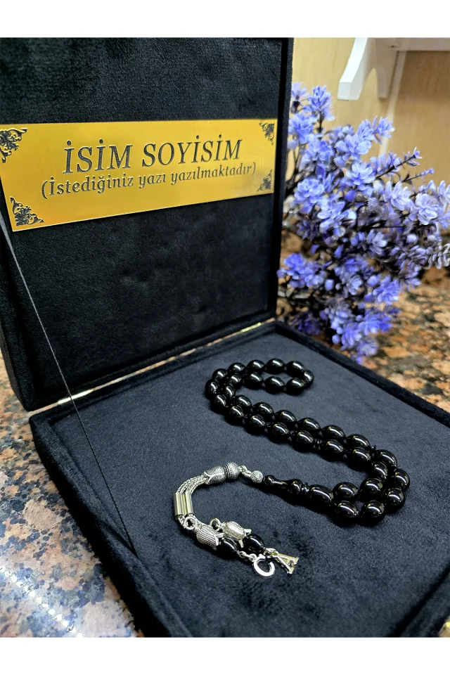 Ateş Kehribar Tesbih, Kişiye Özel Tesbih, Sıkma Kehribar Tesbih, Usta İşi Tespih  Gümüş kaplama - SİYAH