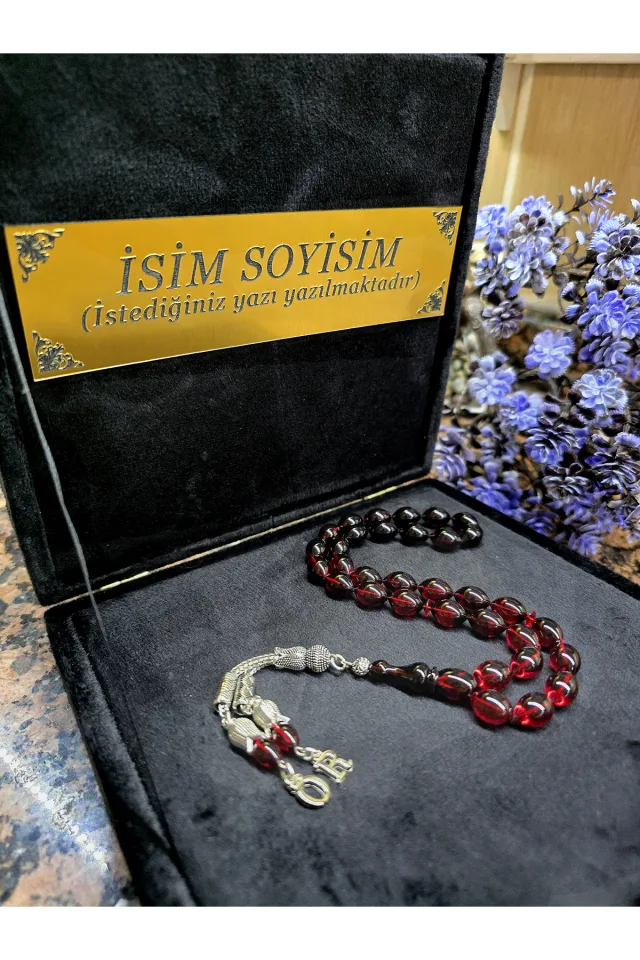 Ateş Kehribar Tesbih, Kişiye Özel Tesbih, Sıkma Kehribar Tesbih, Usta İşi Tespih  Gümüş kaplama - KIRMIZI SİYAH