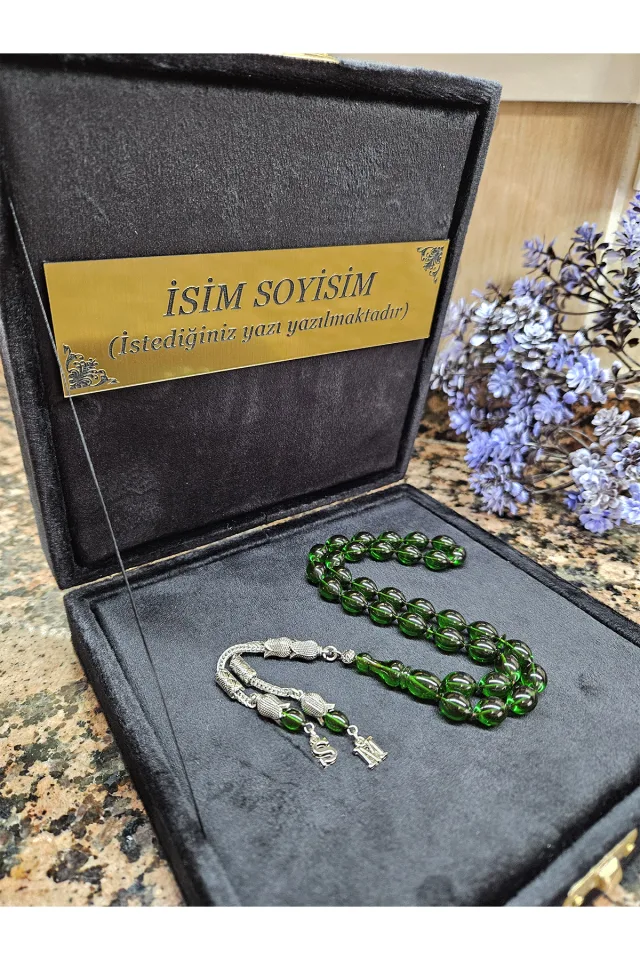 Ateş Kehribar Tesbih, Kişiye Özel Tesbih, Sıkma Kehribar Tesbih, Usta İşi Tespih  Gümüş kaplama - YEŞİL