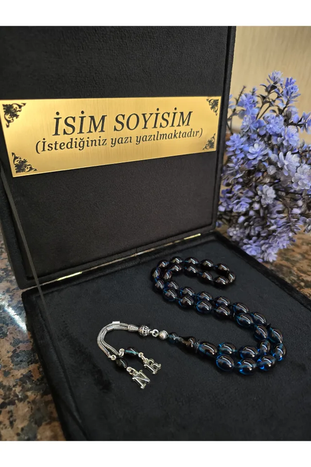 Ateş Kehribar Tesbih 925 ayar Gümüş Püskül, Harfli Kişiye Özel Seri, Usta İşi Sıkma Tespih - MAVİ-SİYAH