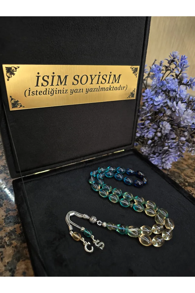 Ateş Kehribar Tesbih 925 ayar Gümüş Püskül, Harfli Kişiye Özel Seri, Usta İşi Sıkma Tespih - MAVİ-Şeffaf