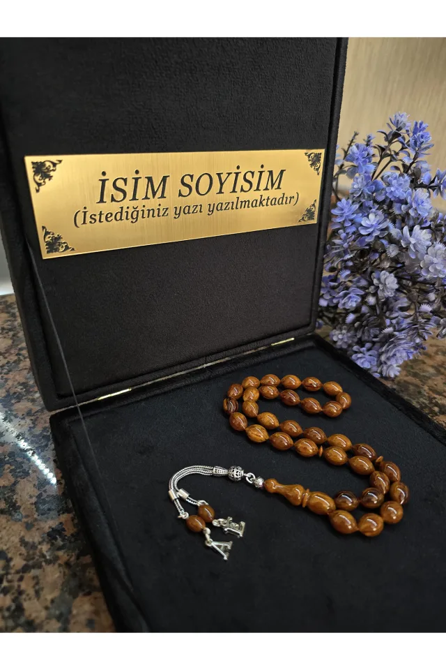 Ateş Kehribar Tesbih 925 ayar Gümüş Püskül, Harfli Kişiye Özel Seri, Usta İşi Sıkma Tespih - KARAMEL