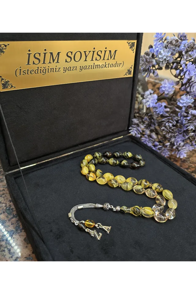 Ateş Kehribar Tesbih 925 ayar Gümüş Püskül, Harfli Kişiye Özel Seri, Usta İşi Sıkma Tespih - Sarı-Siyah-Şeffaf