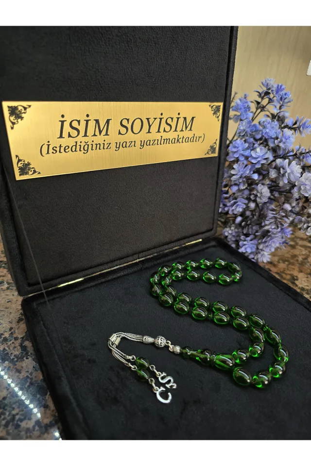 Ateş Kehribar Tesbih 925 ayar Gümüş Püskül, Harfli Kişiye Özel Seri, Usta İşi Sıkma Tespih - YEŞİL