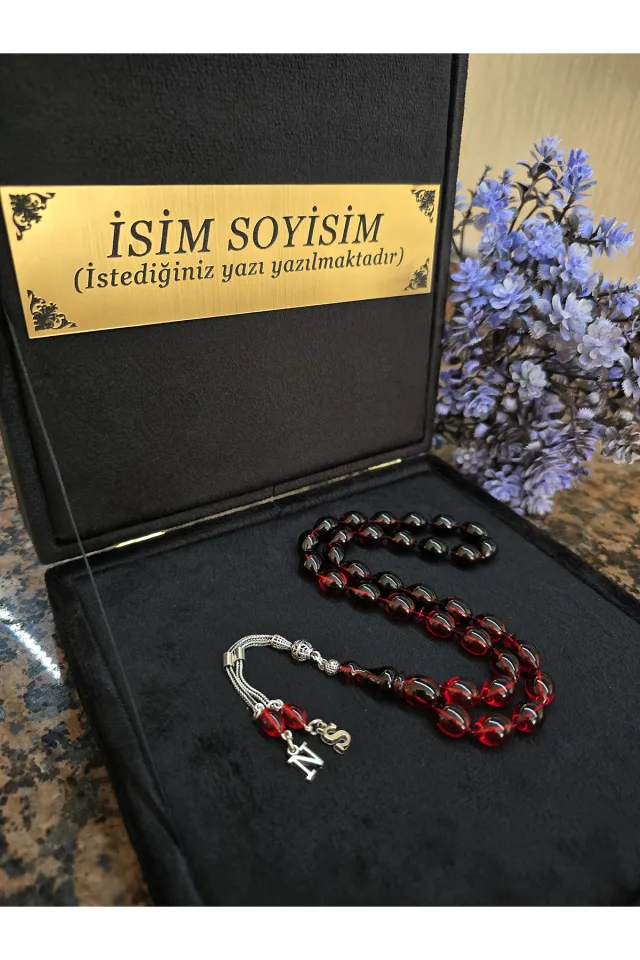 Ateş Kehribar Tesbih 925 ayar Gümüş Püskül, Harfli Kişiye Özel Seri, Usta İşi Sıkma Tespih - KIRMIZI SİYAH