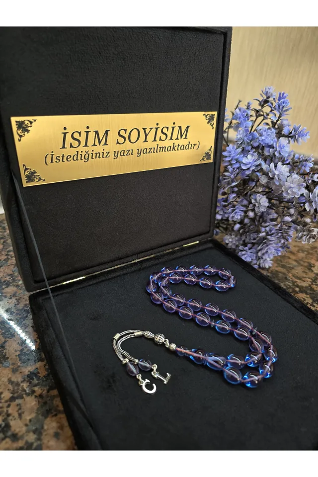 Ateş Kehribar Tesbih 925 ayar Gümüş Püskül, Harfli Kişiye Özel Seri, Usta İşi Sıkma Tespih - MAVİ