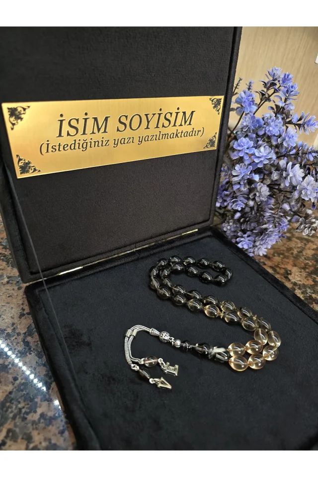 Ateş Kehribar Tesbih 925 ayar Gümüş Püskül, Harfli Kişiye Özel Seri, Usta İşi Sıkma Tespih - Siyah-Şeffaf