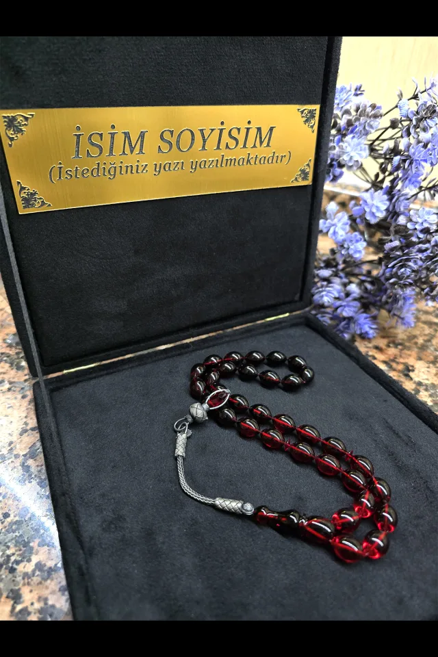 ATEŞ KEHRİBAR TESBİH KAZAZİYE GÜMÜŞ PÜSKÜL, Kişiye Özel Sıkma Kehribar Tespih - KIRMIZI SİYAH