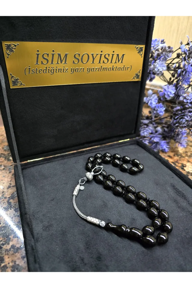 ATEŞ KEHRİBAR TESBİH KAZAZİYE GÜMÜŞ PÜSKÜL, Kişiye Özel Sıkma Kehribar Tespih - SİYAH