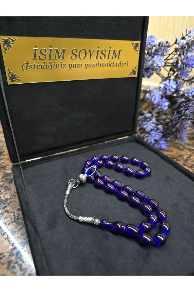 ATEŞ KEHRİBAR TESBİH KAZAZİYE GÜMÜŞ PÜSKÜL, Kişiye Özel Sıkma Kehribar Tespih - LACİVERT