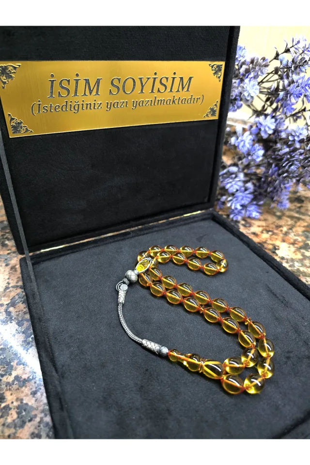 ATEŞ KEHRİBAR TESBİH KAZAZİYE GÜMÜŞ PÜSKÜL, Kişiye Özel Sıkma Kehribar Tespih - SARI