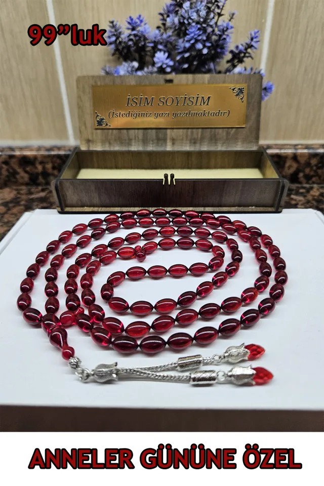 99 lu Namaz Tesbih, Ateş Kehribar Tesbih, Sıkma Kehribar Zirkon Taşlı Gümüş Kaplama - KIRMIZI