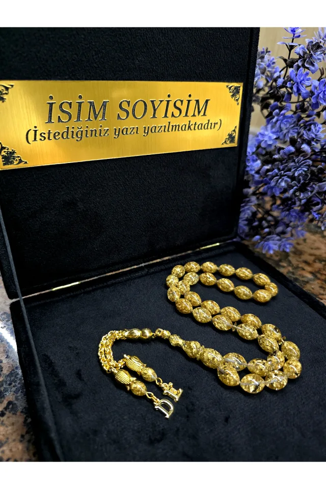 Altın Parçacıklı Tesbih Kadife Kutulu ve Harfli Arnavut Model Püskül Kişiye Özel Tasarım - ALTIN