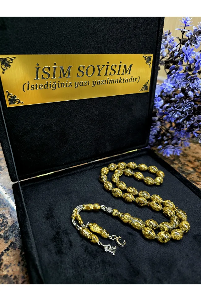 Altın Parçacıklı Tesbih Kadife Kutulu ve Harfli Arnavut Model Püskül Kişiye Özel Tasarım - KOYU ALTIN